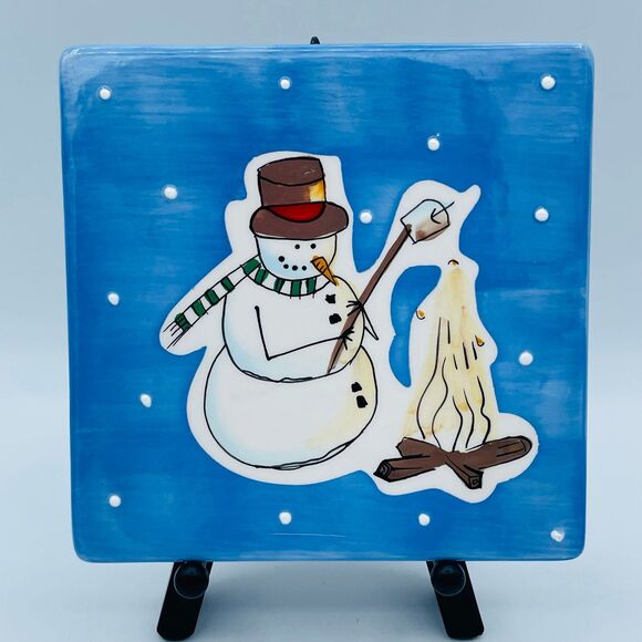 Snowman Roasting Marshamallow Snowy Decorative Tile Trivet Christmas Decor - Picture 1 of 5